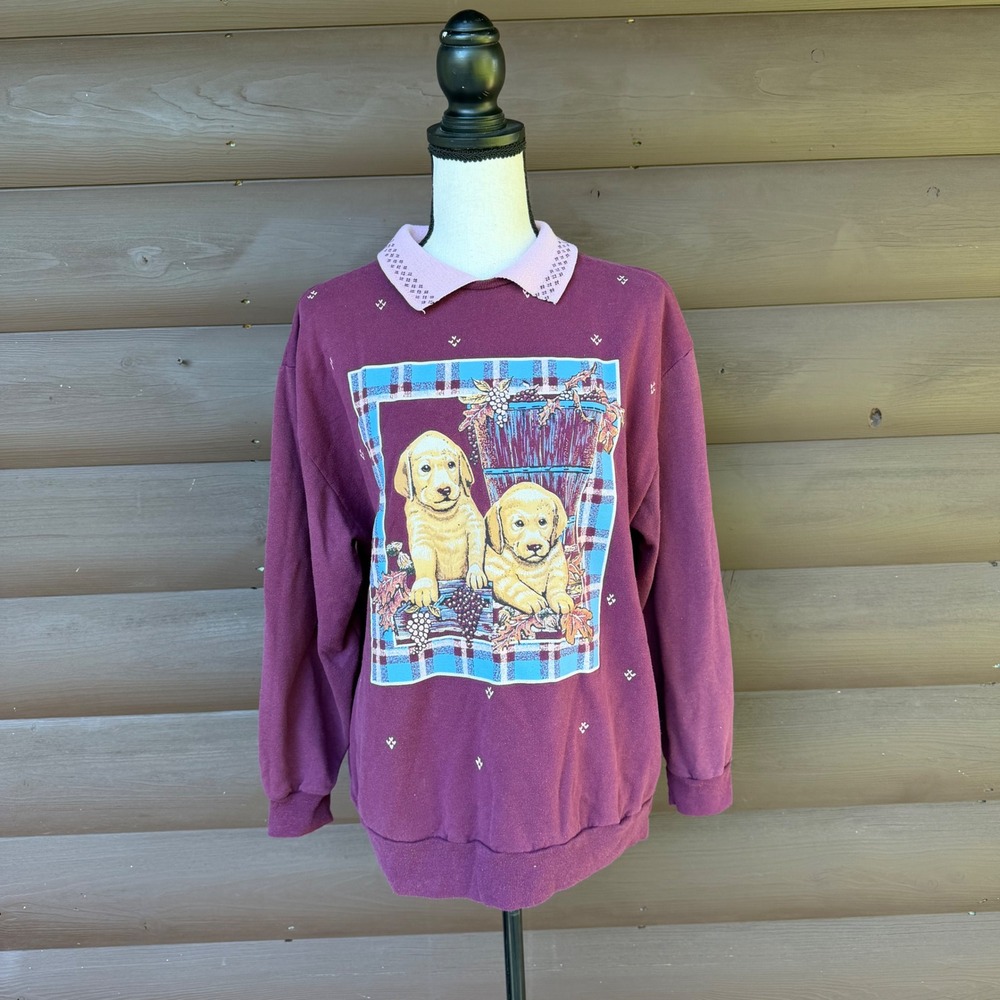 Vintage Bobbie Brooks Sweatshirt Large Golden Retriever Dog Basket Collar Plum
